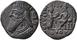 KINGS OF PARTHIA. Vologases IV, circa 147-191. Tetradrachm (Silver, 25 mm, 8.60 g, 1 h), Seleukeia on the Tigris, Dios SE 465 = October 153. Draped bu...