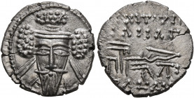 KINGS OF PARTHIA. Vologases V, circa 191-208. Drachm (Silver, 17 mm, 3.30 g, 1 h), Ekbatana. Diademed and draped facing bust of Vologases V, wearing l...