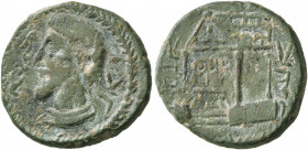 KINGS OF OSRHOENE (EDESSA). Waël, 163-165 AD. AE (Bronze, 19 mm, 5.65 g, 11 h). Draped bust of Waël to left within wreath. Rev. Temple with pediment s...