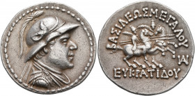 BAKTRIA, Greco-Baktrian Kingdom. Eukratides I, circa 170-145 BC. Tetradrachm (Silver, 33 mm, 16.77 g, 12 h), Baktra or an uncertain mint in the Paropa...