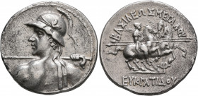 BAKTRIA, Greco-Baktrian Kingdom. Eukratides I, circa 170-145 BC. Tetradrachm (Silver, 31 mm, 17.00 g, 12 h), Aï Khanoum (?). Diademed and heroically n...