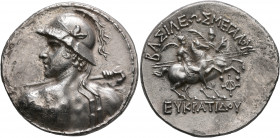 BAKTRIA, Greco-Baktrian Kingdom. Eukratides I, circa 170-145 BC. Tetradrachm (Silver, 32 mm, 16.17 g, 12 h), Aï Khanoum (?). Diademed and heroically n...