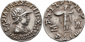 BAKTRIA, Indo-Greek Kingdom. Menander I, circa 165/55-130 BC. Tetradrachm (Silver, 25 mm, 9.79 g, 12 h), Indian standard, uncertain mint in Paropamisa...