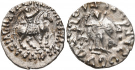 INDO-SKYTHIANS. Azes, circa 58-12 BC. Drachm (Silver, 16 mm, 1.84 g, 2 h). BAΣIΛEΩΣ BAΣIΛEΩN MEΓAΛOY / AZOY King on horseback to right, raising his ri...
