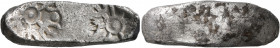 INDIA, Early northern trade coinage. Gandhara. Taxila series. AR Unit (Silver, 11x35 mm, 11.20 g), Flat Bar Shatamana, circa 500-300 BC. Two septa-rad...
