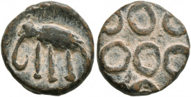 INDIA, Post-Mauryan (Deccan). Ishvakus. Anonymous issues, circa 227-306. Unit (Lead, 13 mm, 2.23 g). Elephant standing left. Rev. Four-orbed Ujjain sy...