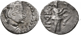 INDIA, Kushan Empire. Kujula Kadphises, circa 30/50-80. Obol (Silver, 12 mm, 0.42 g, 12 h), 'Heraios type'. Diademed head of Kujula Kahphises to right...
