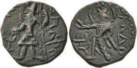 INDIA, Kushan Empire. Kanishka I, circa 127/8-152. Drachm (Bronze, 17 mm, 4.37 g, 11 h). ÞAO ΚANηρKI ('King Kanishka' in Bactrian) Kanishka I standing...