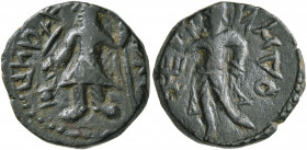 INDIA, Kushan Empire. Kanishka I, circa 127/8-152. Drachm (Bronze, 17 mm, 4.64 g, 11 h). ÞAO ΚANηρKI ('King Kanishka' in Bactrian) Kanishka I standing...