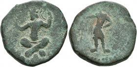 INDIA, Kushan Empire. Huvishka, circa 152-192. Tetradrachm (Bronze, 24 mm, 11.95 g, 1 h). King seated cross-legged with both arms raised; around, trac...