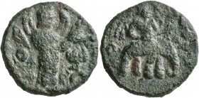 INDIA, Kushan Empire. Huvishka, circa 151-190. Tetradrachm (Bronze, 26 mm, 12.60 g, 11 h), Late phase, Gandhara, probably Peshawar. ÞAONANOÞAO OOHÞKE ...