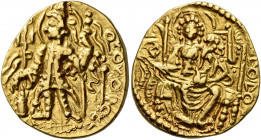 INDIA, Kushan Empire. Vasudeva II, circa 290-310. Dinar (Gold, 21 mm, 7.72 g, 11 h), main mint, Mathura or Gandhara. BAZOΔHO ('Vasudeva' in Batrian) V...