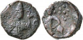 INDIA, Kushan Empire. Vasudeva II, circa 290-310. Drachm (Bronze, 14 mm, 3.56 g, 12 h). Vasudeva II standing front, head to left, holding trident in h...