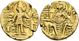 INDIA, Kushan Empire. Shaka, circa 325-345. Dinar (Gold, 20 mm, 7.74 g, 11 h), uncertain mint. Shaka standing front, head to left, sacrificing with hi...