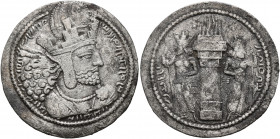 SASANIAN KINGS. Shahpur I, 240-272. Drachm (Silver, 27 mm, 4.00 g, 3 h), Style J. MZDYSN BGY ŠHPWHLY MRKAN MRKA 'YR'N MNW CTRY MN YZD'N ('Worshipper o...