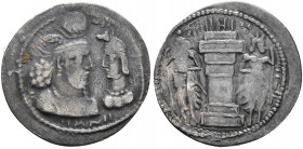 SASANIAN KINGS. Bahram II, 276-293. Obol (Silver, 15 mm, 0.65 g, 2 h), Style I. Draped bust of Bahram II to right, bearded and wearing winged crown wi...