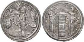 SASANIAN KINGS. Bahram II, with Queen and Prince 4, 276-293. Drachm (Silver, 27 mm, 4.00 g, 3 h), uncertain mint. MZDYSN BGY WRHR'N MRKAN MRKA 'YR'N W...