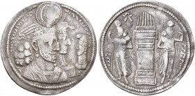 SASANIAN KINGS. Bahram II, with Queen and Prince 4, 276-293. Drachm (Silver, 27 mm, 3.82 g, 3 h), style A, uncertain mint. MZDYSN BGY WRHR'N MRKAN MRK...