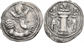 SASANIAN KINGS. Shahpur II, 309-379. Drachm (Silver, 25 mm, 3.77 g, 3 h), Mint VIII, Herat. MZDYSN BGY ŠHPWHLY MLKAn MLKA ('Worshipper of Lord Mazda, ...