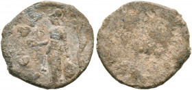 ASIA MINOR. Uncertain. 2nd-3rd centuries. Tessera (Lead, 14 mm, 1.48 g). IЄΔA Athena standing front, head to left, resting her left hand on shield set...