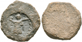 ASIA MINOR. Uncertain. 2nd-3rd centuries. Tessera (Lead, 15 mm, 4.58 g). Victory advancing left, holding wreath in her right hand and palm frond in he...
