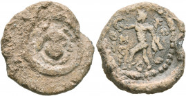 ASIA MINOR. Uncertain. 2nd-3rd centuries. Tessera (Lead, 20 mm, 6.43 g, 7 h), Onesimos (?). Facing gorgoneion. Rev. ON/HC/I-C-ЄO Victorious athlete ad...