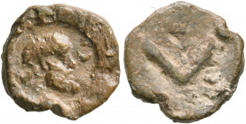 ASIA MINOR. Uncertain. 2nd-3rd centuries. Tessera (Lead, 14 mm, 2.45 g). Bearded head of Silenos (?) to right; to right, crescent. Rev. Large V or Λ. ...