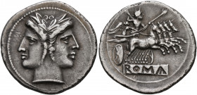 Anonymous, circa 225-214 BC. Quadrigatus - Didrachm (Silver, 25 mm, 6.31 g, 6 h), Rome. Laureate head of Janus. Rev. ROMA (incuse on raised tablet) Ju...
