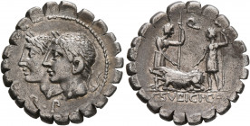 C. Sulpicius C.f. Galba, 106 BC. Denarius (Silver, 20 mm, 3.72 g, 12 h), Rome. D•P•P Jugate, laureate heads of the Dei Penates to left. Rev. Q / C•SVL...