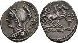 P. Servilius M.f. Rullus, 100 BC. Denarius (Silver, 20 mm, 3.76 g, 5 h), Rome. RVLLI Helmeted bust of Minerva to left. Rev. P•SERVILI•M•F Victory driv...