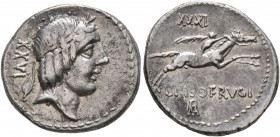 L. Calpurnius Piso Frugi, 90 BC. Denarius (Silver, 19 mm, 4.00 g, 5 h), Rome. Laureate head of Apollo to right; behind, XXVI. Rev. XXXI - L•PISO•FRVGI...