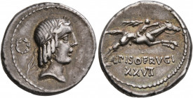 L. Calpurnius Piso Frugi, 90 BC. Denarius (Silver, 19 mm, 4.00 g, 9 h), Rome. Laureate head of Apollo to right; behind, wreath. Rev. L PISO FRVGI / XX...