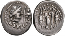 L. Sulla, 84-83 BC. Denarius (Silver, 19 mm, 4.32 g, 12 h), mint moving with Sulla, Rome, 84-83 BC. L•SVLLA Diademed head of Venus to right; in field ...