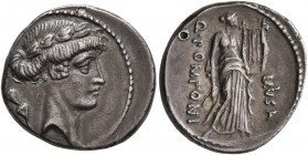 Q. Pomponius Musa, 56 BC. Denarius (Silver, 18 mm, 3.60 g, 1 h), Rome. Laureate head of Apollo to right; to left, handle of plectrum. Rev. Q•POMPONI /...
