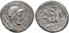 P. Fonteius P.f. Capito, 55 BC. Denarius (Silver, 18 mm, 3.67 g, 5 h), Rome. P•FONTEIVS•CAPITO•III•VIR Helmeted and draped bust of Mars to right, trop...