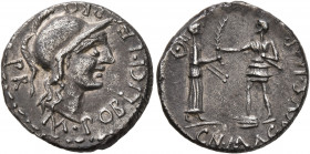 Cnaeus Pompey Jr, † 45 BC. Denarius (Silver, 18 mm, 3.37 g, 6 h), with Marcus Poblicius, legatus pro praetore. Corduba, 46-45. M•POBLICI•LEG•PRO - PR ...