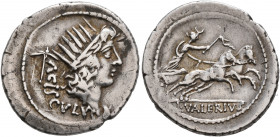 L. Valerius Acisculus, 45 BC. Denarius (Silver, 21 mm, 3.41 g, 6 h), Rome. ACISCVLVS Radiate head of Sol to right; behind, acisculus. Rev. L•VALERIVS ...