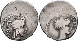 L. Valerius Acisculus, 45 BC. Denarius (Silver, 20 mm, 3.54 g, 1 h), Rome. ACISCVLVS Head of Apollo to right, wearing taenia; above; star; to left, pi...