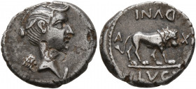 Mark Antony, 44-30 BC. Quinarius (Silver, 13 mm, 1.52 g, 1 h), Lugdunum, 43. Winged bust of Victory to right, with the likeness of Fulvia. Rev. LVGV-D...