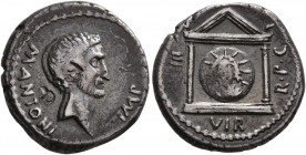 Mark Antony, 44-30 BC. Denarius (Silver, 17 mm, 3.91 g, 4 h), military mint moving with Antony in Greece, 42 BC. M•ANTONI - IMP Bare head of Mark Anto...