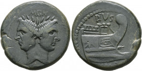 Sextus Pompey, † 35 BC. As (Bronze, 31 mm, 22.08 g, 1 h), uncertain mint in Sicily, circa 42-38. Laureate janiform head of Pompey 'the Great'. Rev. PI...