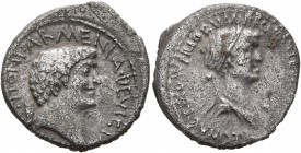 Mark Antony and Cleopatra. Denarius (Silver, 18 mm, 3.71 g, 1 h), Alexandria, 32 BC. ANTONI ARMENIA DEVICTA Bare head of Mark Antony to right; behind,...
