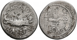 Mark Antony, 44-30 BC. Denarius (Silver, 19 mm, 3.33 g, 12 h), military mint moving with Mark Antony (Patrae?), 32-31. ANT•AVG / III•VIR•R•P•C Galley ...