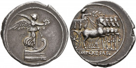 Octavian, 44-27 BC. Denarius (Silver, 21 mm, 3.57 g, 9 h), uncertain mint in Italy (Rome?), 29-27 BC. Victory standing right on prow, holding wreath i...