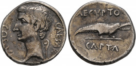 Octavian, 44-27 BC. Denarius (Silver, 18 mm, 3.82 g, 12 h), Italian mint (Rome?), circa 29-27 BC. CAESAR – COS VI Bare head of Octavian to left; behin...
