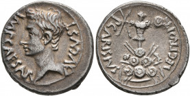 Augustus, 27 BC-AD 14. Denarius (Silver, 19 mm, 3.68 g, 3 h), Emerita, circa 25-23 BC. IMP CAESAR – AVGVST Bare head of Augustus to left. Rev. P CARIS...