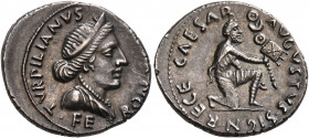 Augustus, 27 BC-AD 14. Denarius (Silver, 20 mm, 3.80 g, 5 h), P. Petronius Turpilianus, moneyer, Rome, 19 BC. TVRPILIANVS III•VIR / FE-RON Diademed an...