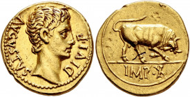 Augustus, 27 BC-AD 14. Aureus (Gold, 19 mm, 7.77 g, 11 h), Lugdunum, circa 15-13 BC. DIVI•F AVGVSTVS Bare head of Augustus to right. Rev. IMP•X Bull b...