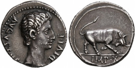 Augustus, 27 BC-AD 14. Denarius (Silver, 19 mm, 3.80 g, 7 h), Lugdunum, circa 15-13 BC. DIVI•F AVGVSTVS Bare head of Augustus to right. Rev. IMP•X Bul...