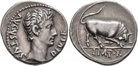 Augustus, 27 BC-AD 14. Denarius (Silver, 19 mm, 3.82 g, 4 h), Lugdunum, circa 15-13 BC. DIVI•F AVGVSTVS Bare head of Augustus to right. Rev. IMP•X Bul...